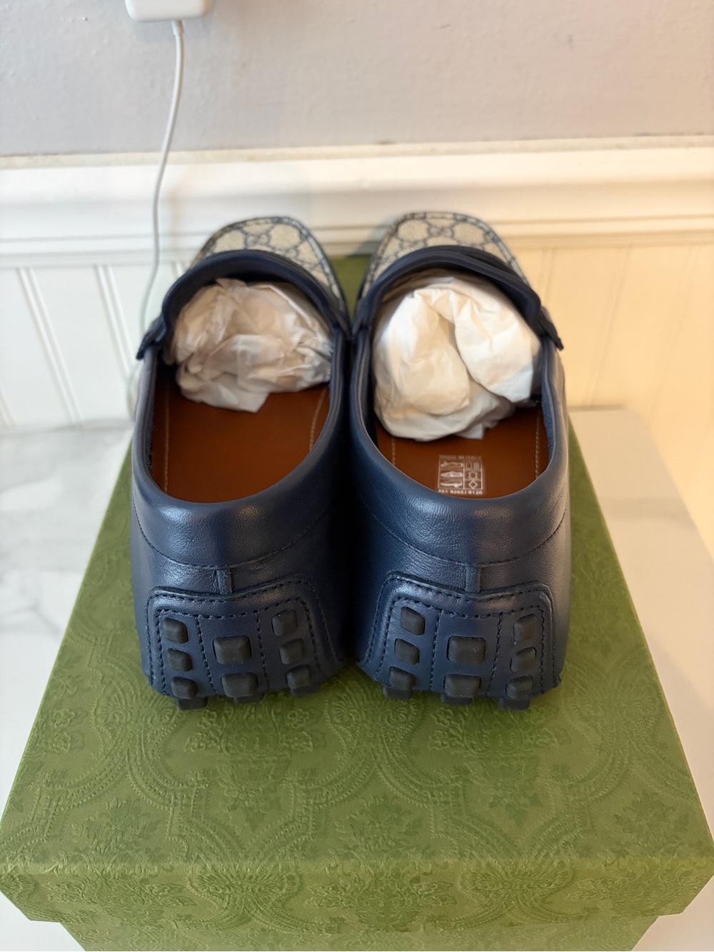Gucci Navy Blue GG Canvas Leather Drivers - Picture 3 of 6